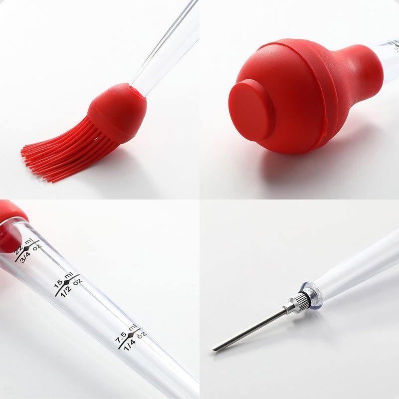 Mikim Turkey Baster Syringe Large, Long Meat Basters for Cooking & Basting, Plastic Turkey Baster with Marinade Injector Needle, Silicone Bulb & Basting Brush and Cleaning Brush, Red 3/4 oz - Image 2